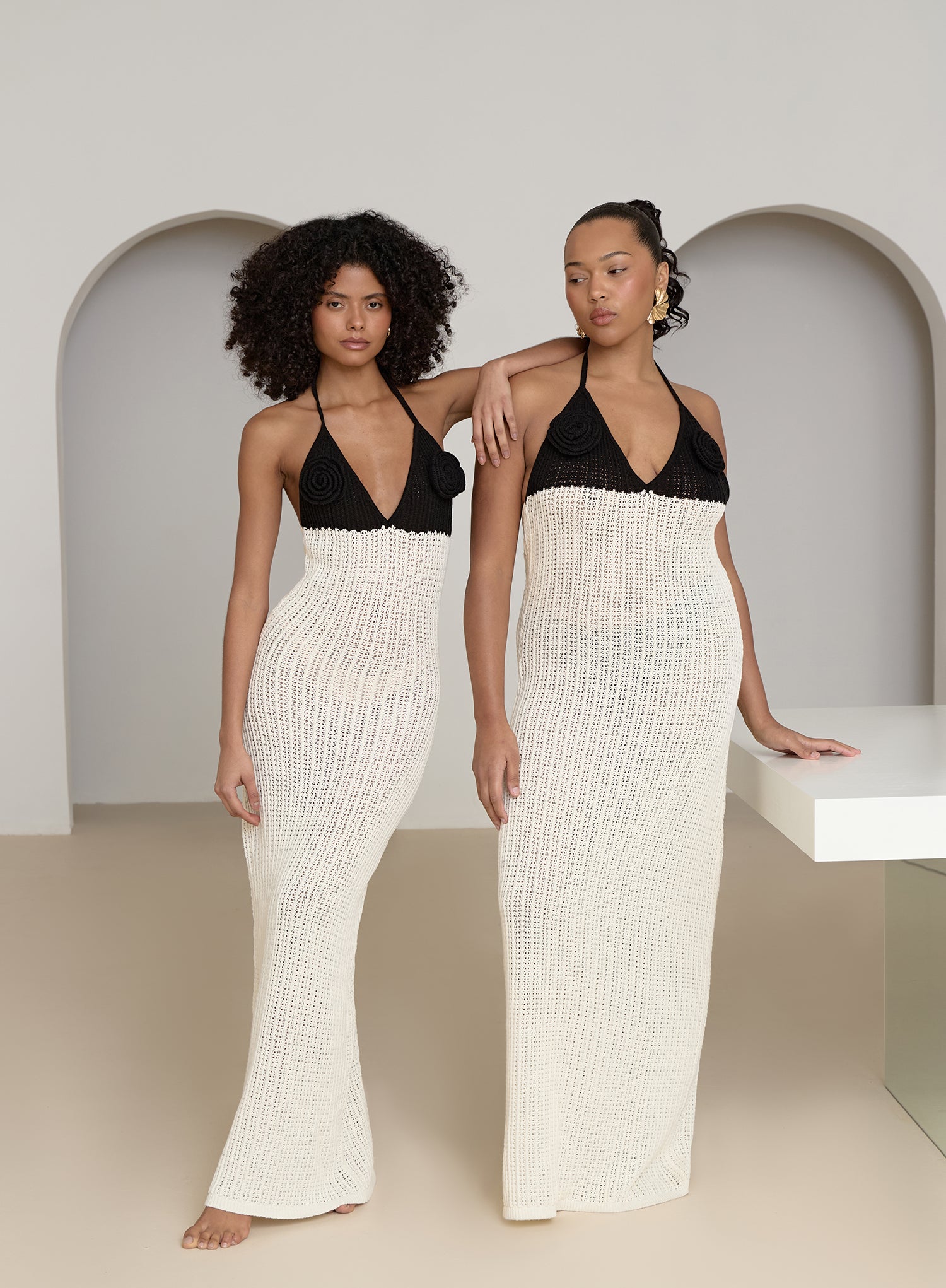 Cream And Black Knit Corsage Maxi Dress